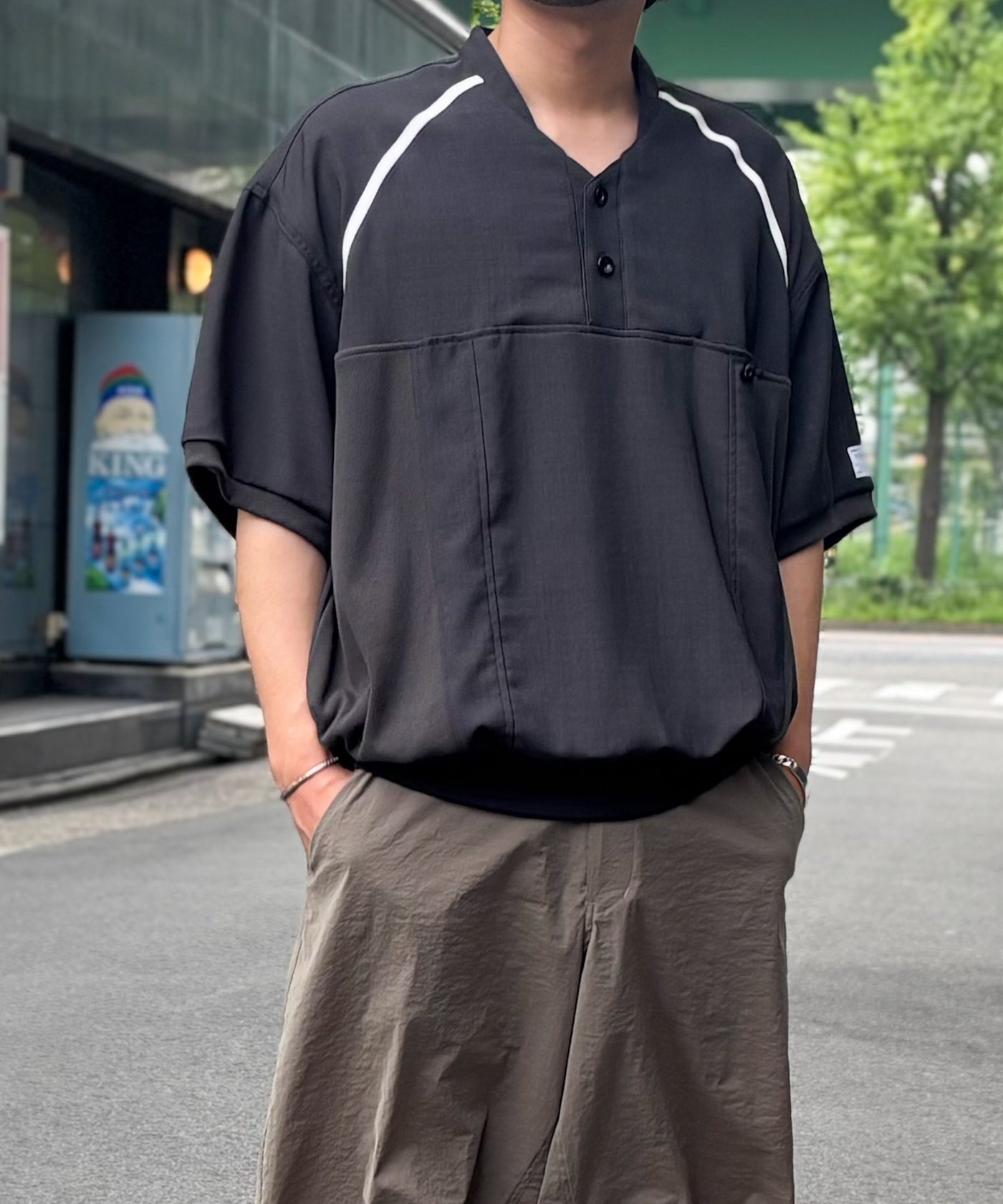 elephant TRIBAL fabrics / Mesh Linen Baseball Shirt エレファント