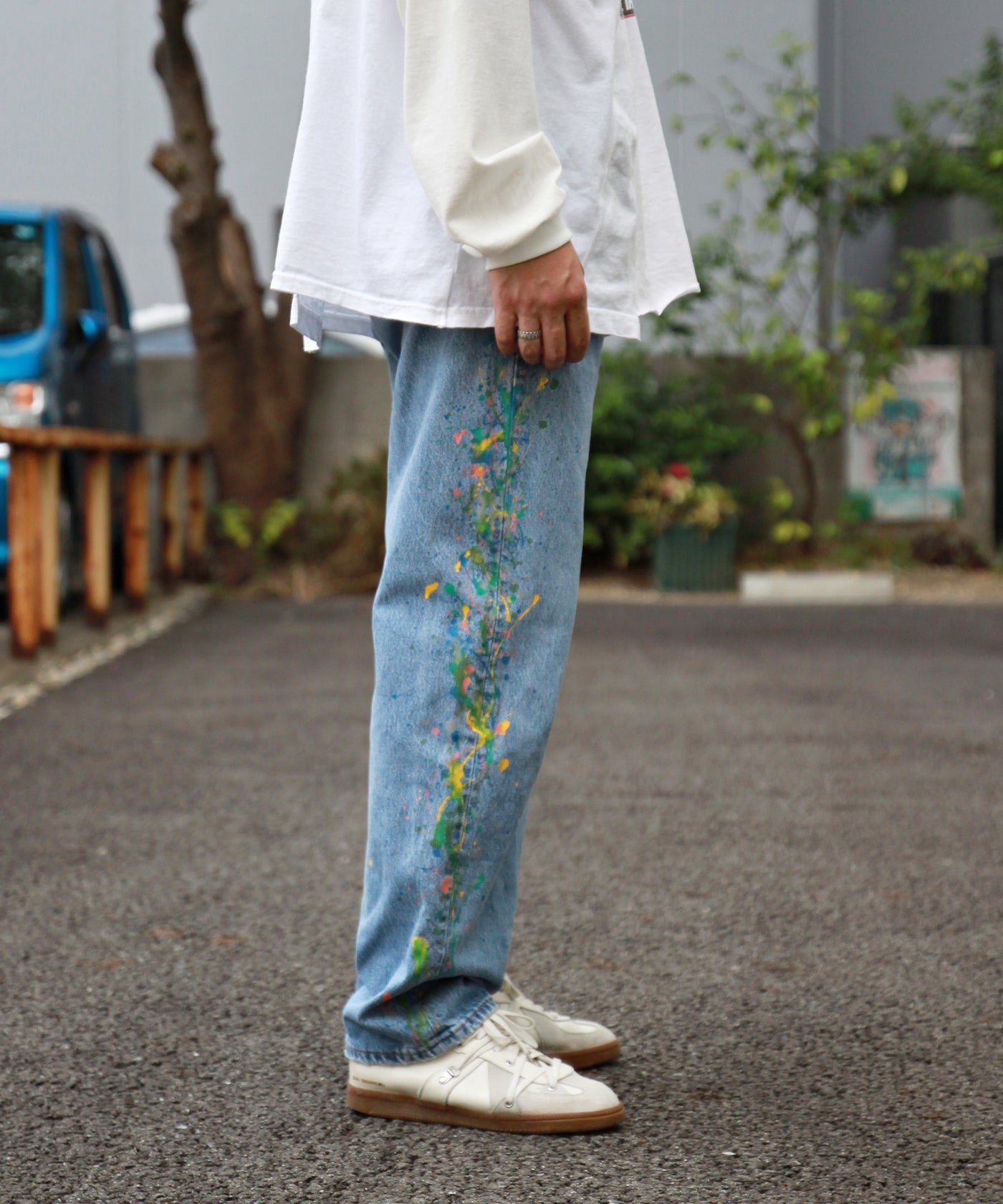 リメイクデニム&リメイクトレンチ パッチワーク ペンキ飛ばし 個性的 リメイクデニム&リメイクトレンチ パッチワーク ペンキ飛ばし