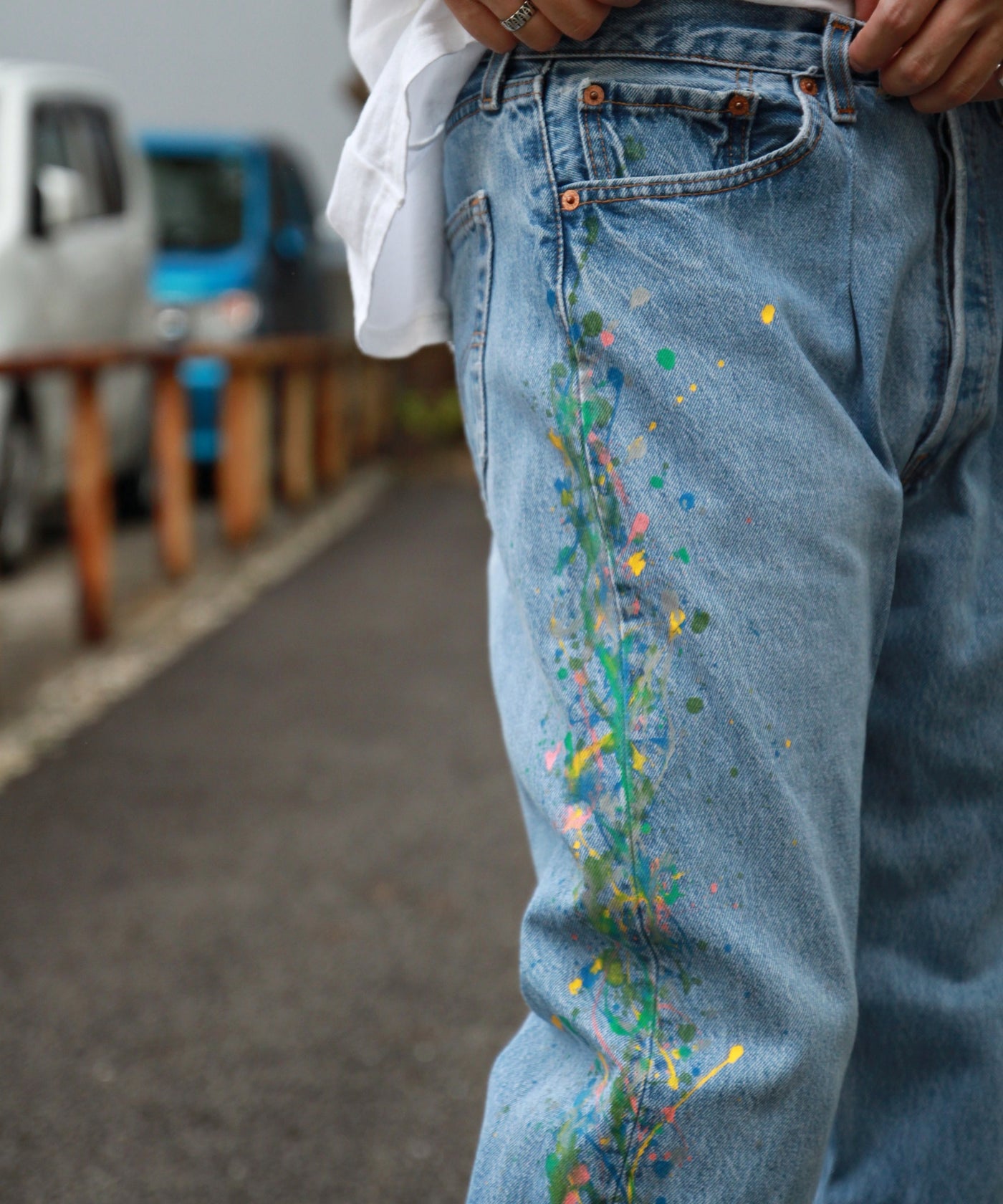 CHANGES チェンジーズ / FLOWER SPLASH DENIM INDIGO リメイクデニム ペイントデニム 501 505 –  GARROT STORE