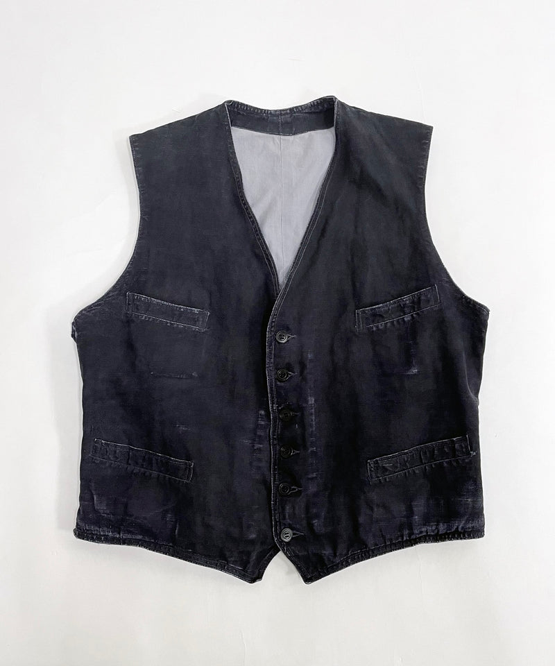 30s/40s FRENCH BLACK LINEN VEST HALLES-VILLETTE